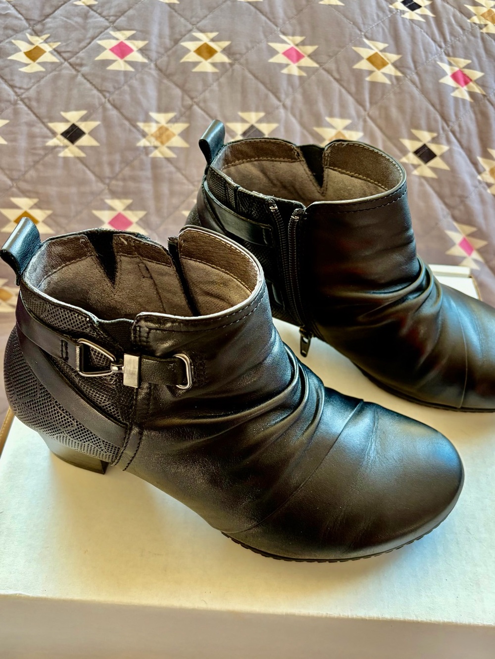 Earth Black Leather Ankle Booties with Buckle Detail